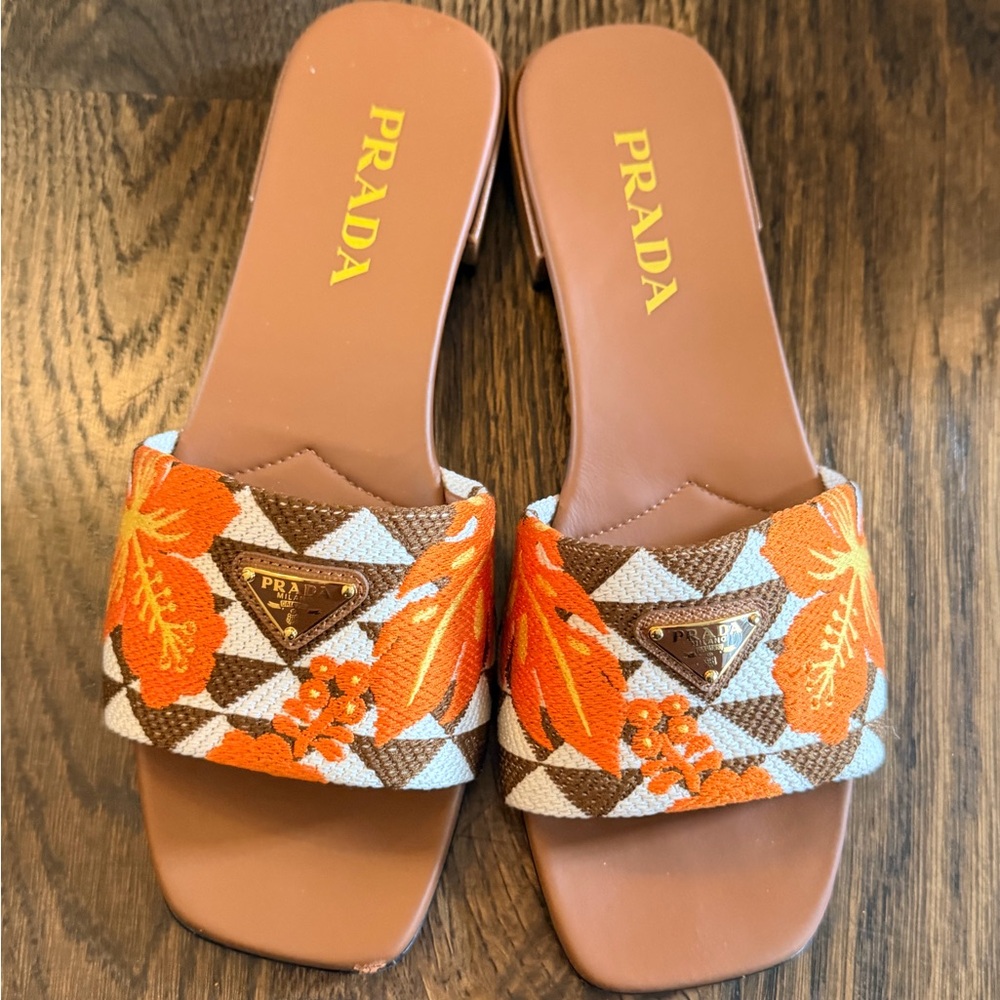 Prada Orange Floral Patterned Slide Mules